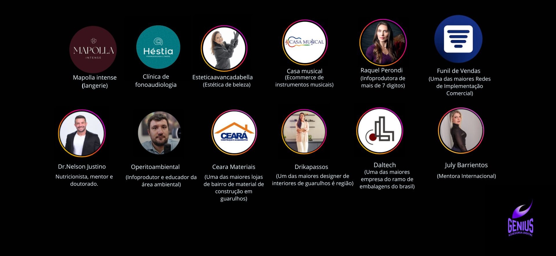 Grade de clientes satisfeitos da Genius Assessoria Digital: Mapolla Intense, Héstia, Esteticaavancadabella, Casa Musical, Raquel Perondi, Funil de Vendas, Dr. Nelson Justino, Operitoambiental, Ceará Materiais, Drikapassos, Daltech, July Barrientos